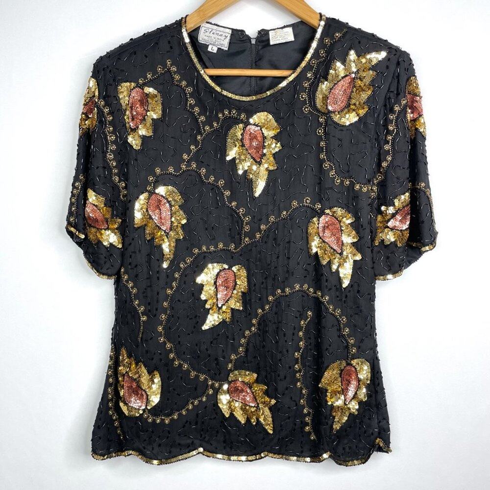 Vintage Stenay Black & Gold Leaf Sequin Beaded Blouse